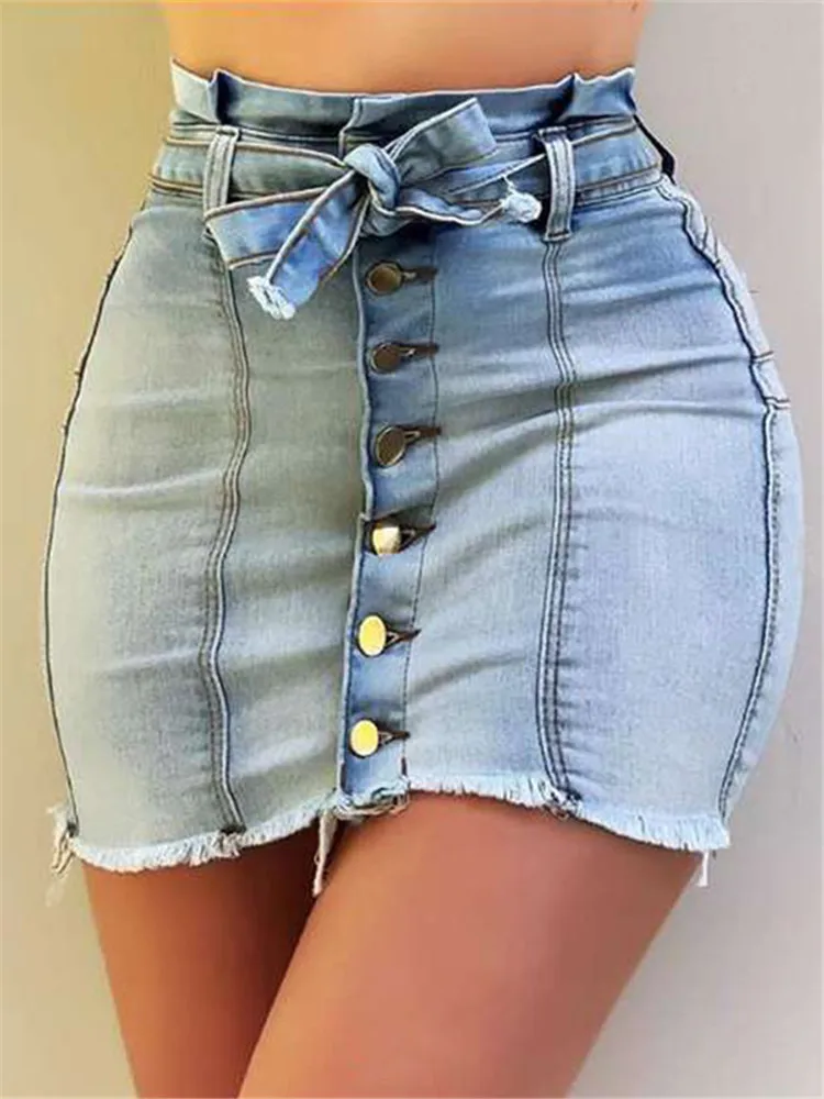 

Юбка-мини джинсовая эластичная с завышенной талией, пикантная однобортная Повседневная облегающая, в стиле Харадзюку, с поясом, в стиле пэчворк