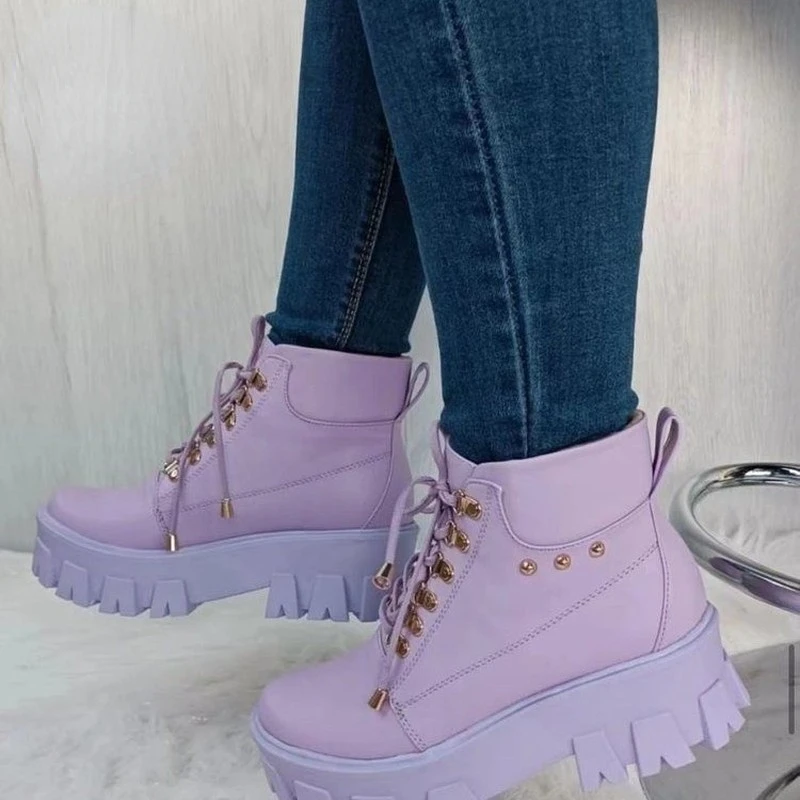 

Women's Boots 2022 New Winter Fashion Rivet Boots Thick Sole Lace-Up Martin Boots Round Head Bare Boots Leisure Fashion Boots