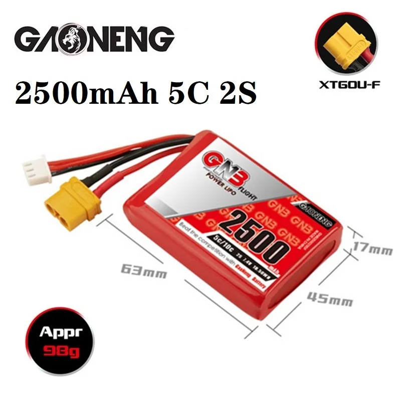 

2PCS/SET GNB MAX 10C 2S 7.4V 2500mAh Lipo Battery For Radiomaster TX12 Transmitter Remote Control RC Parts With XT60 Plug