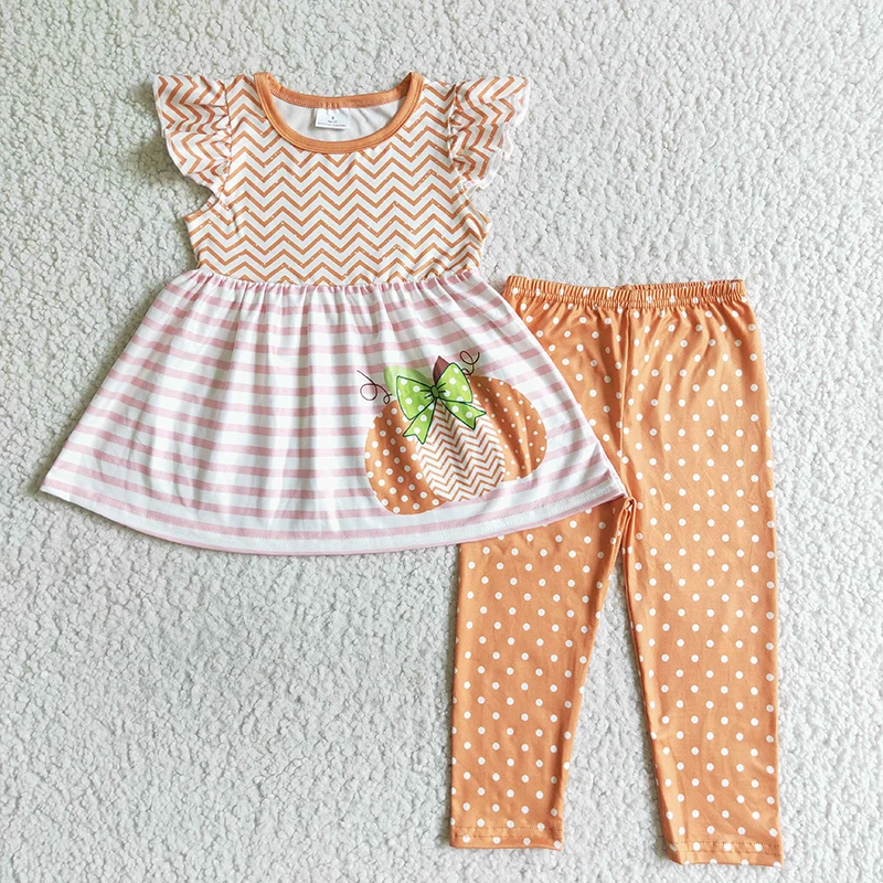 

Wholesale Baby Girl Thanksgiving Pumpkin Clothes Flying Sleeves Orange Dots Legging Pants Children Kid Toddler Holiday Outfits