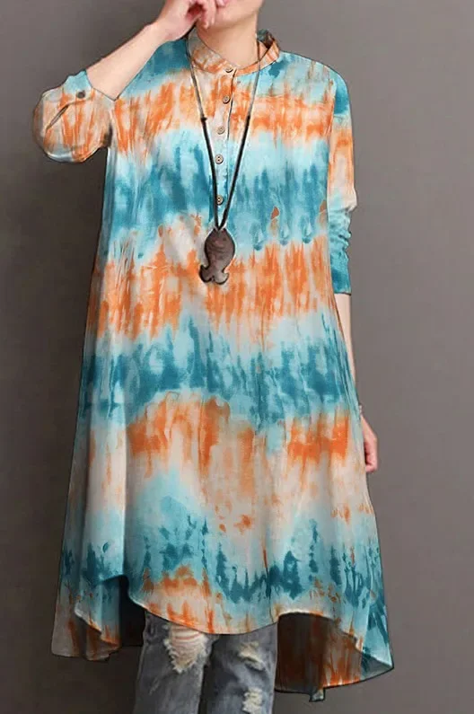 2021WishAutumn Платье-рубашка без воротника в радужную полоску: свободный крой длинные