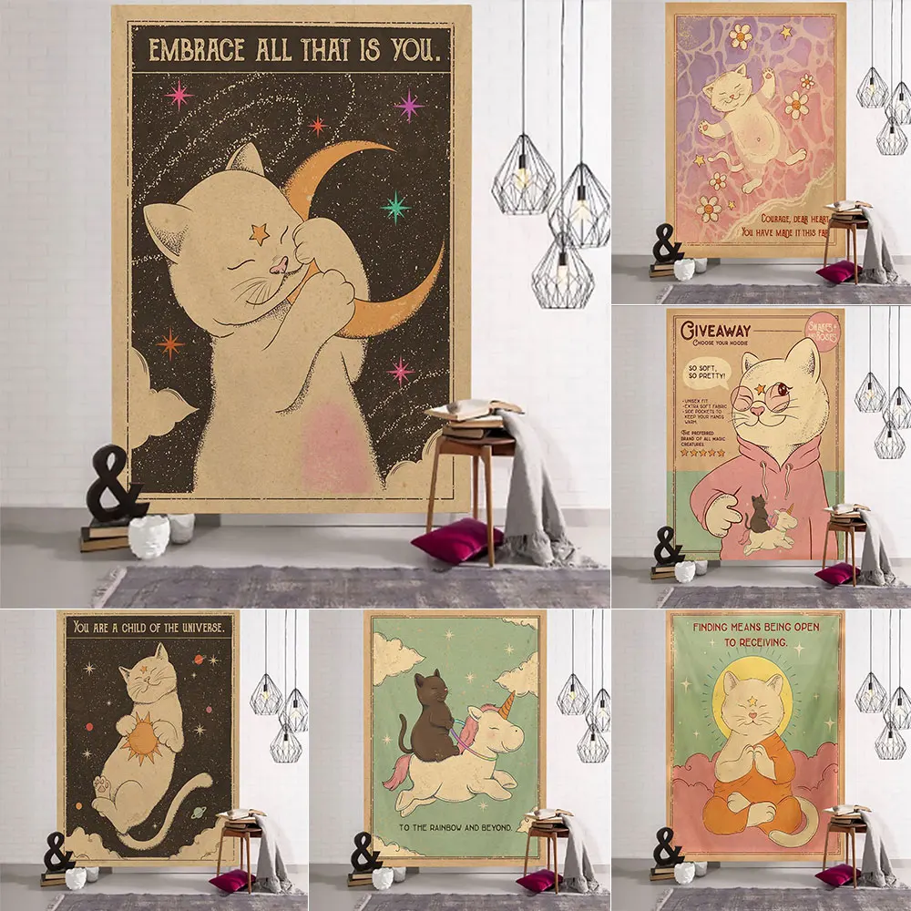 

Kawaii Comic Wall Decoration Cute Cat Wall Hanging Tapestry Hippie Psychedelic Moon Tarot Aesthetic Fabric Home Room Decor