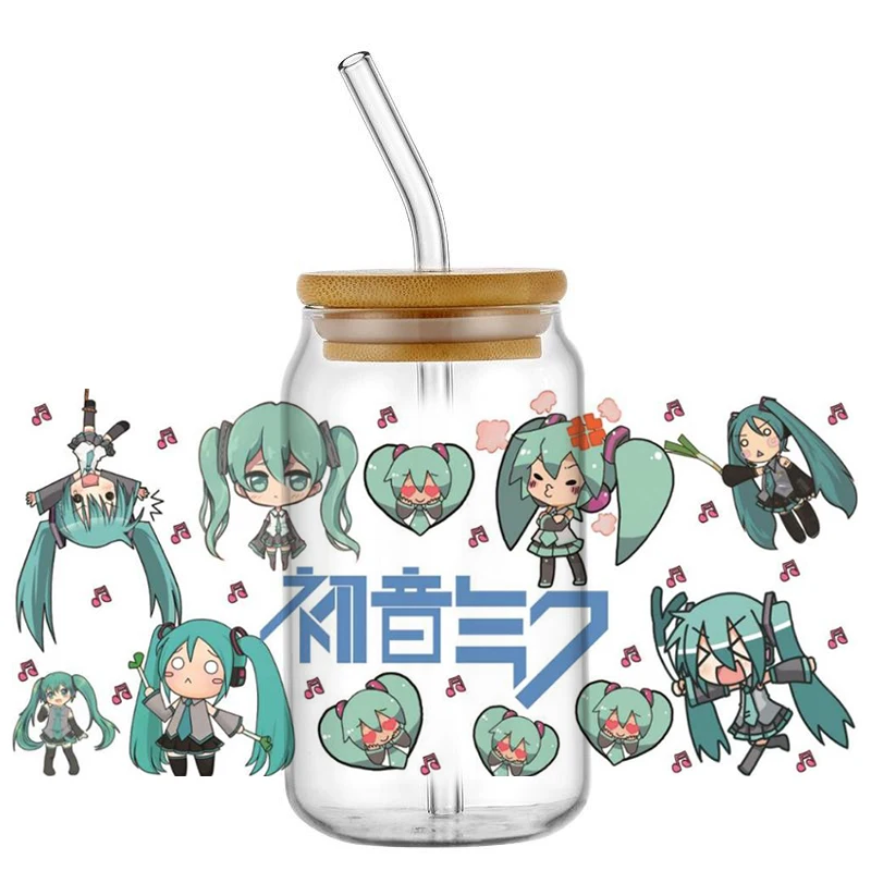 Фото Наклейки для стаканов Hatsune Miku UV DTF, 16 унций, самоклеящиеся, моющиеся, для стеклянных бутылок, DIY, прочные, для автомобиля №4