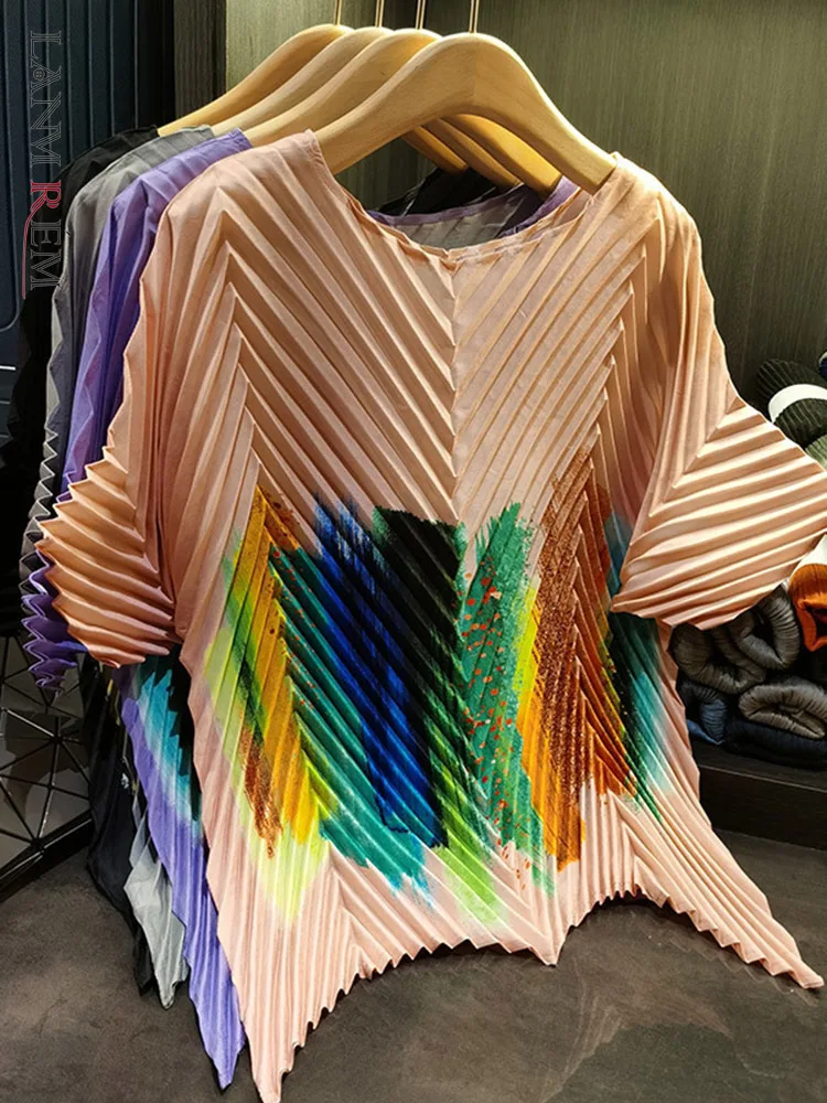 

LANMREM Chic Pleated T-shirt For Women Contrast Color Printed Round Neck Fold Shirts For Women Summer New Fashion 32A139
