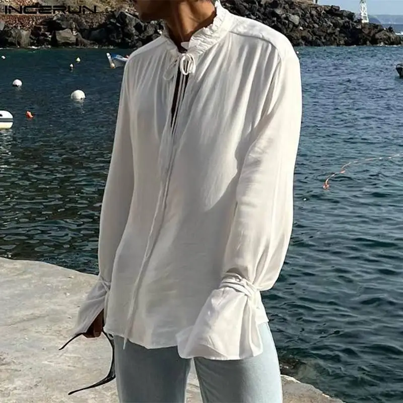 

INCERUN Tops 2023 American Style New Men's Fashion Ruffle Design Shirts Casual Street Solid All-match Long Sleeved Blouse S-5XL