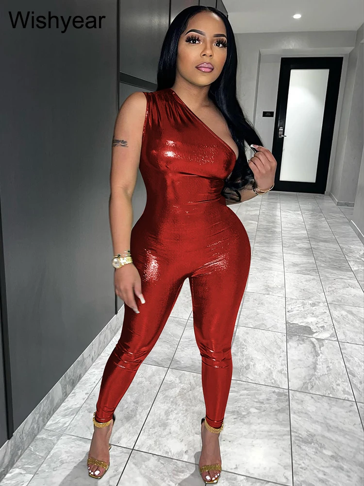 Wishyear Sexy Metallic One Shoulder Sleeveless Overalls for Women Summer Bodycon Romper Jumpsuit Night Club Rave Party Outfit
