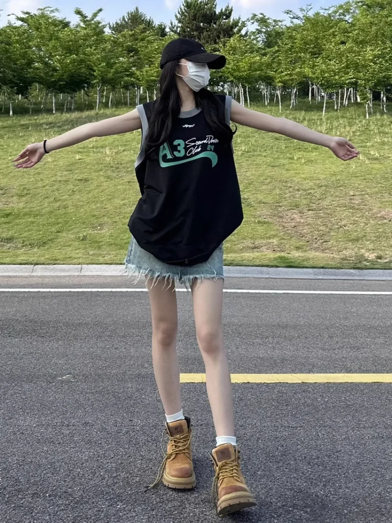 

Loose O Neck Vest Bf Women Sleeveless Tshirts American Retro Summer Y2k Washed Black Tanks Tops Letter Print Preppy Style