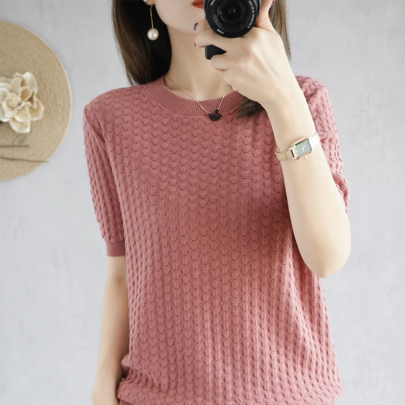

Fashion Versatile Hollow Knit Thin Section 100% Cotton T-Shirt Summer New Women's Short Sleeve Pullover Top T-Shirt Solid Color