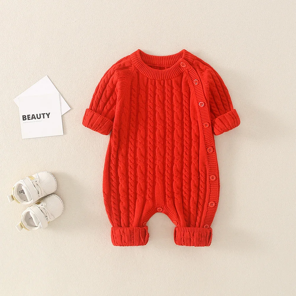 

2022 Winter Infant Baby Boys Girls Rompers Thermal Fashion Solid Color Newborn Knitwear Long Sleeved Single Breasted Outerwear