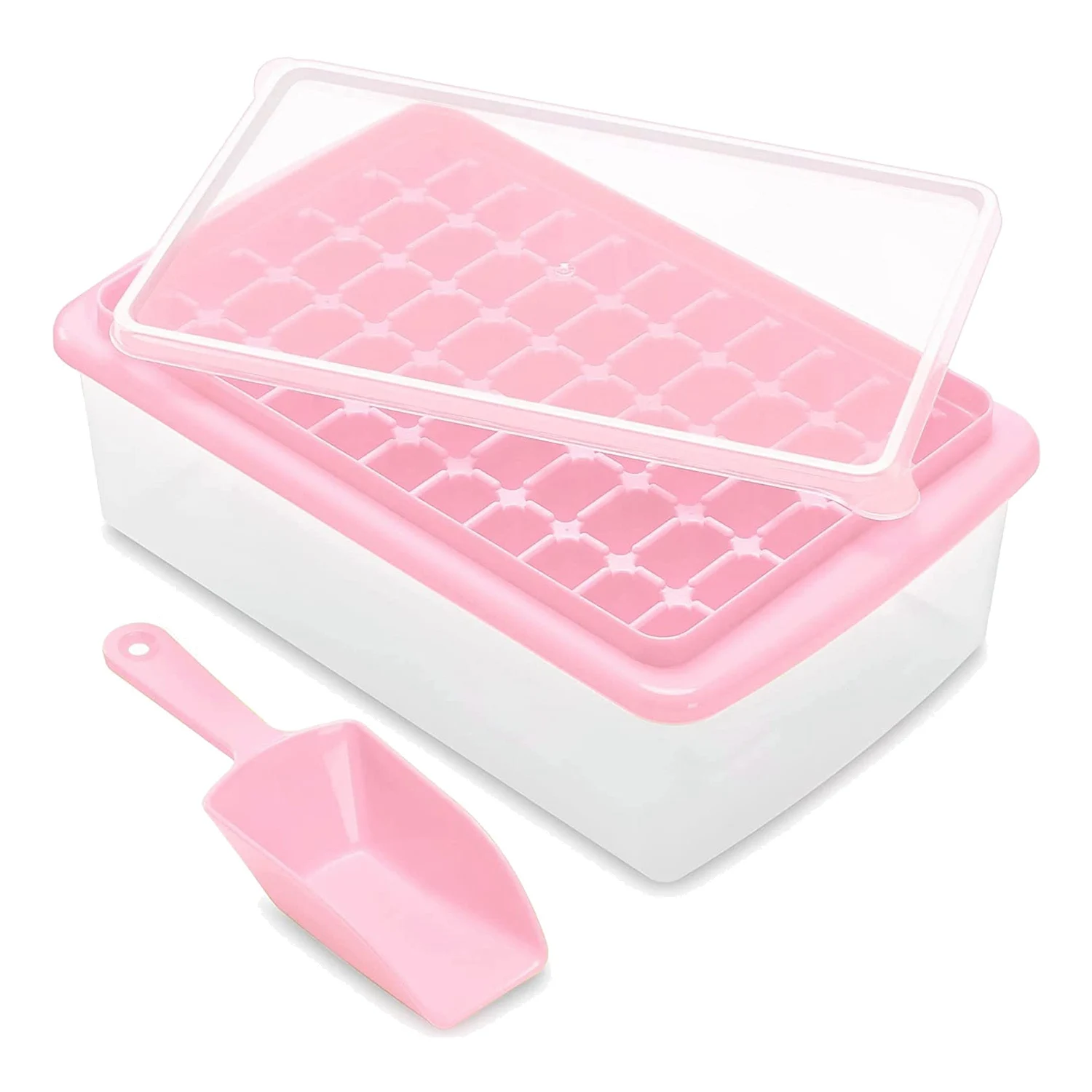 

Ice Cube Tray with Lid and Storage Bin Easy-Release 55 Ice Tray with Spill-Resistant Cover Container Scoop Pink