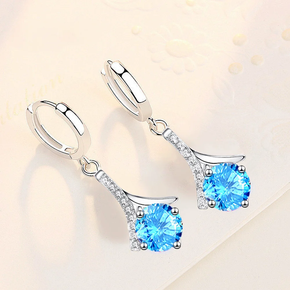 

wholesale 925 Sterling Silver 2021 New Women's Fashion Jewelry High Quality Simple Water Drop Blue Pink Crystal Zircon Earrings