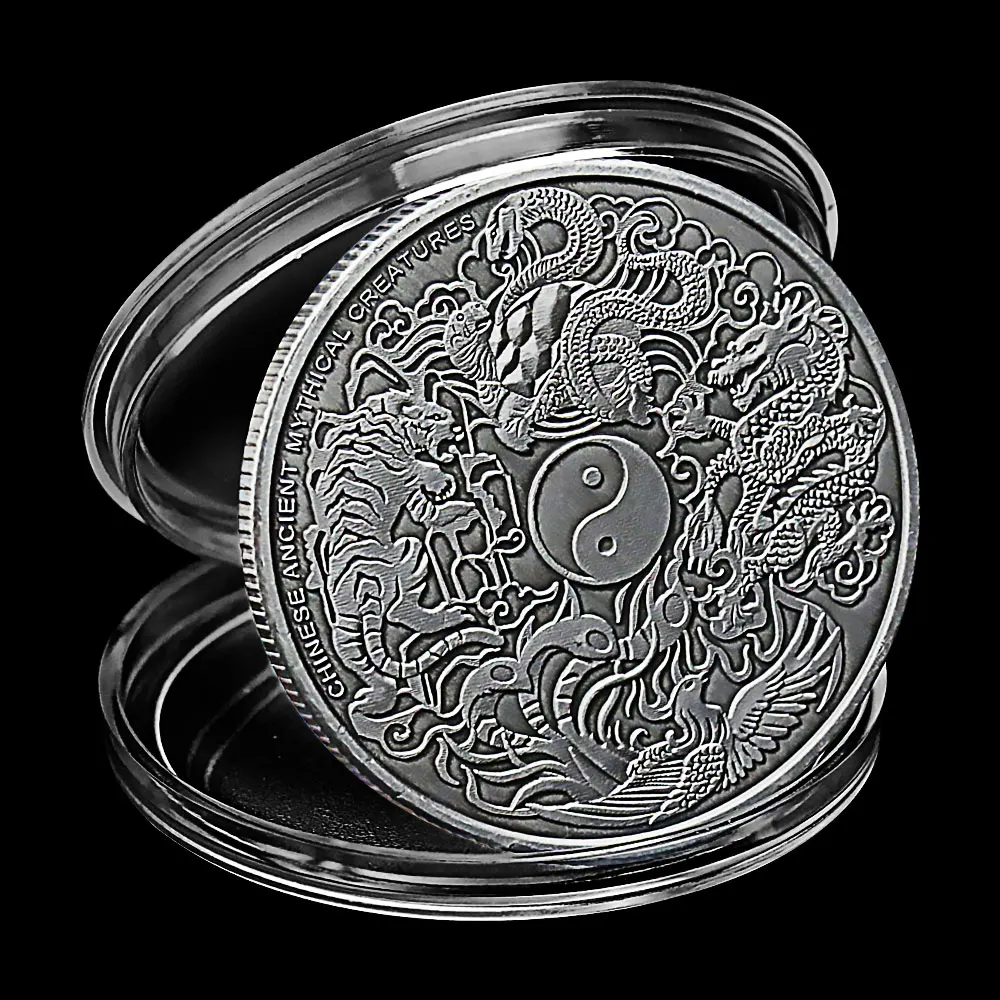 

Four Great Mythical Creatures Blue Dragon ,Phoenix,White Tiger,Black Turtle Elizabeth II Head Silver Plated Commemorative Coin