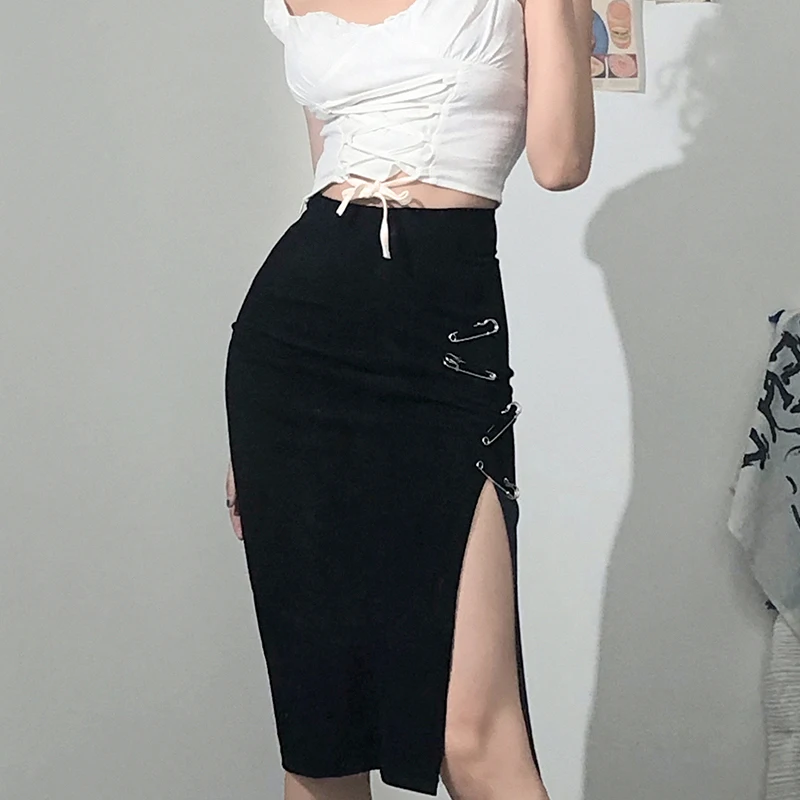 

WeiYao Black Slim Elegant Fashion Office Lady Midi Skirt High Waist Slit Korean Fashion Mid-Calf Skirts Womens Club Outfits