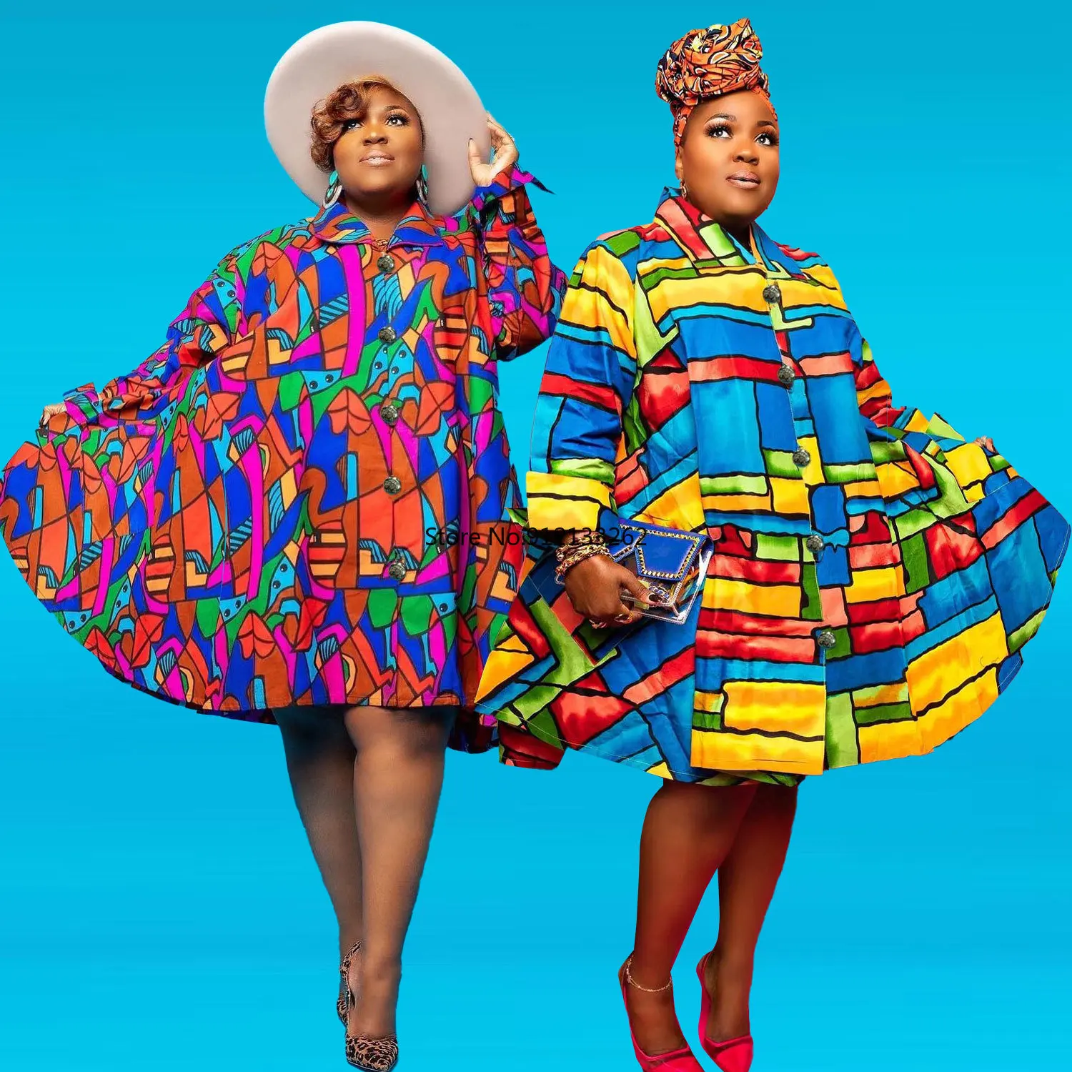 

2XL-5XL African Dresses for Women Autumn African Long Sleeve Polyester Printing Knee-length Dress African Print Dresses