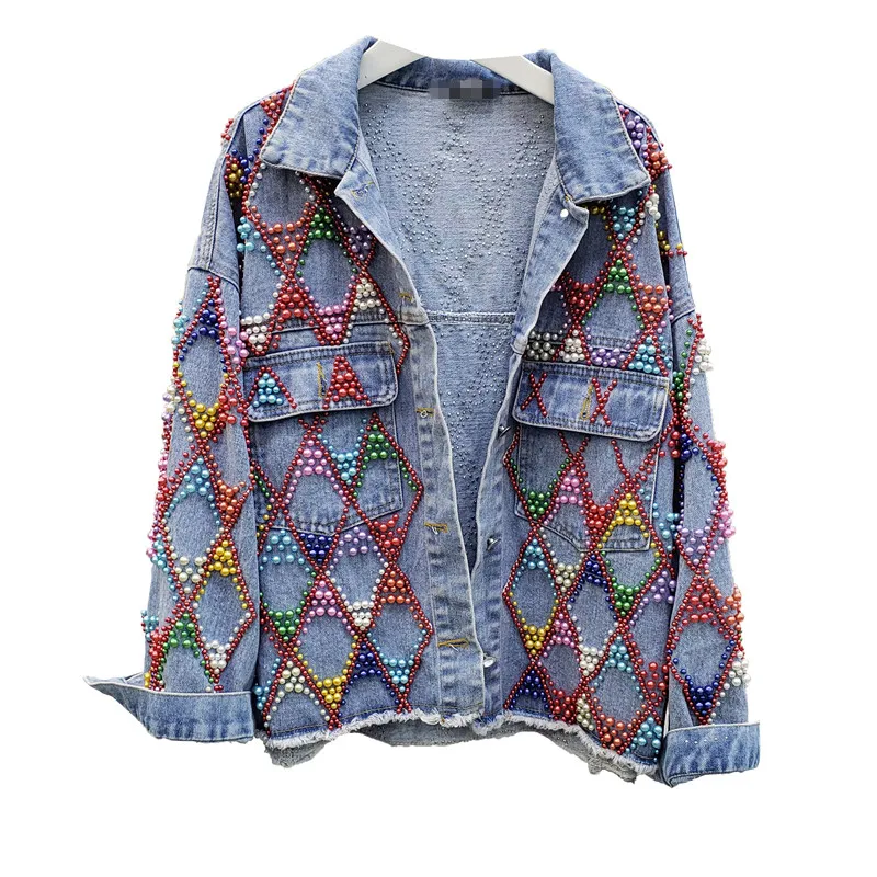 New High Street Elegant Fashion Lapel Beading Casual Denim Jacket for Women Loose Burrs All-matching Single Breasted Coat