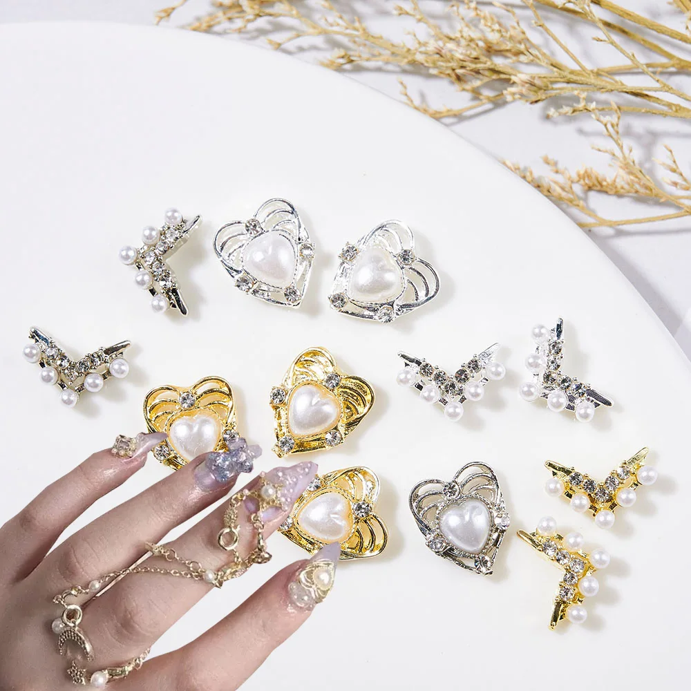

10pcs Gold Silver Heart Rhinestone Pearl Nail Charms V Shape Love Nail Art Decorations 10X8mm Luxury Accessories DIY Manicure