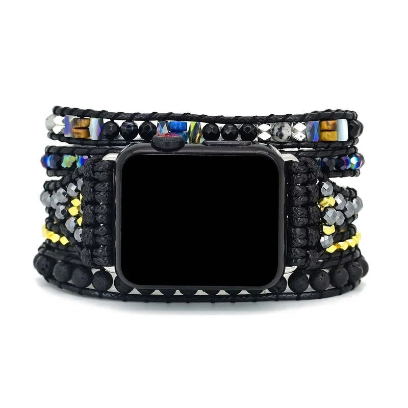 Black Watch Band Women Men Boho Bracelet Strap for Apple Watch Retro Mixed Natural Stones Jewelry Multi Wrap Bracelet Gift