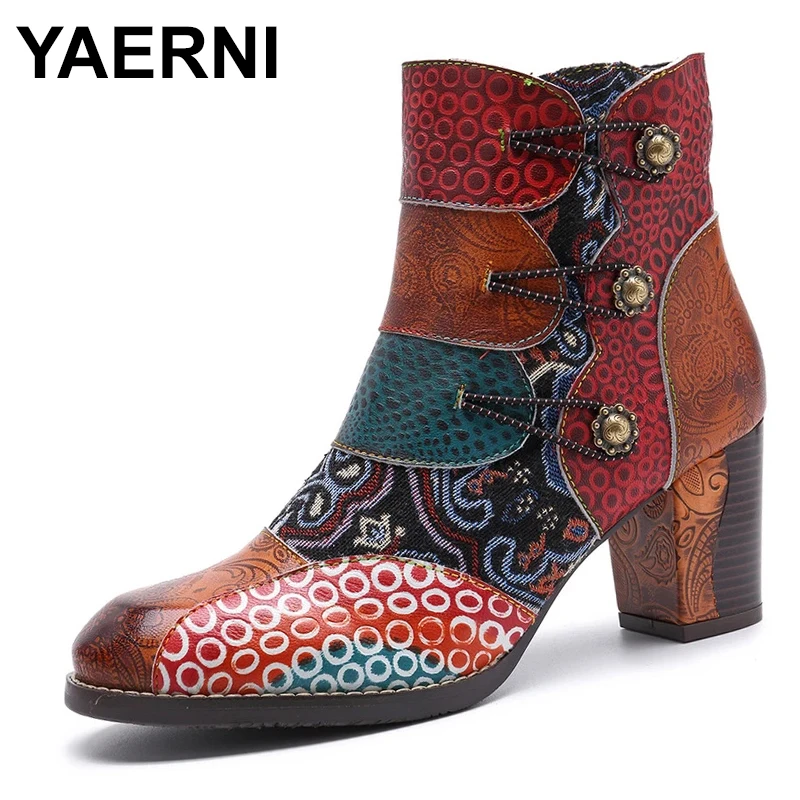 

Genuine Leather Mixed Colors Platform Boots Women Shoes 2022 New Autumn Zip Round Toe Sewing High Heel Ankle Boots