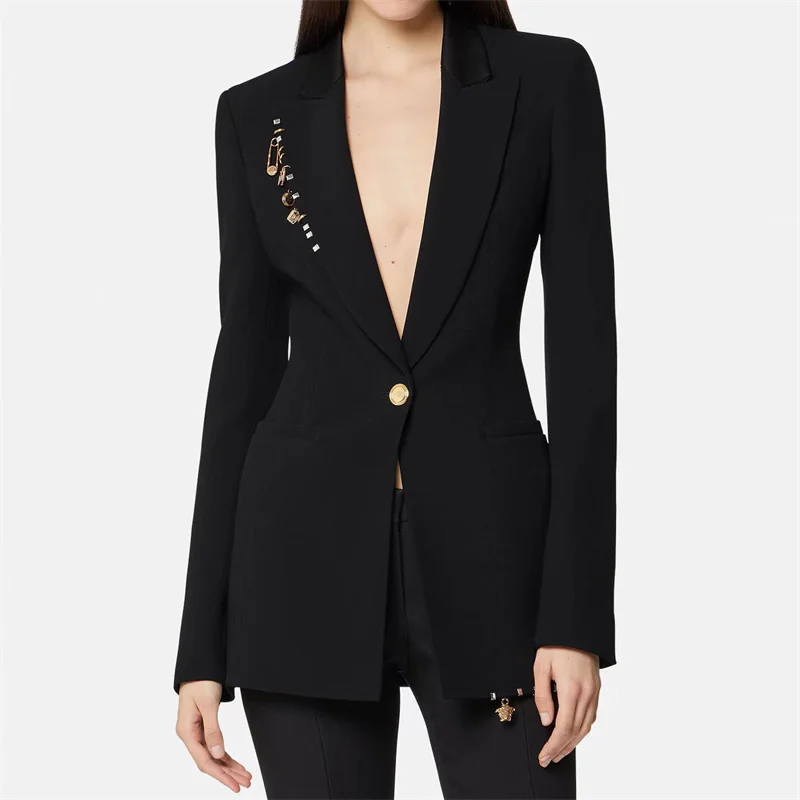 

Women's Jacket Autumn 2023 New Metal Button Decoration Women's Blazer Korean Fashion Hollow Out Coat Big Name Long Sleeved Top