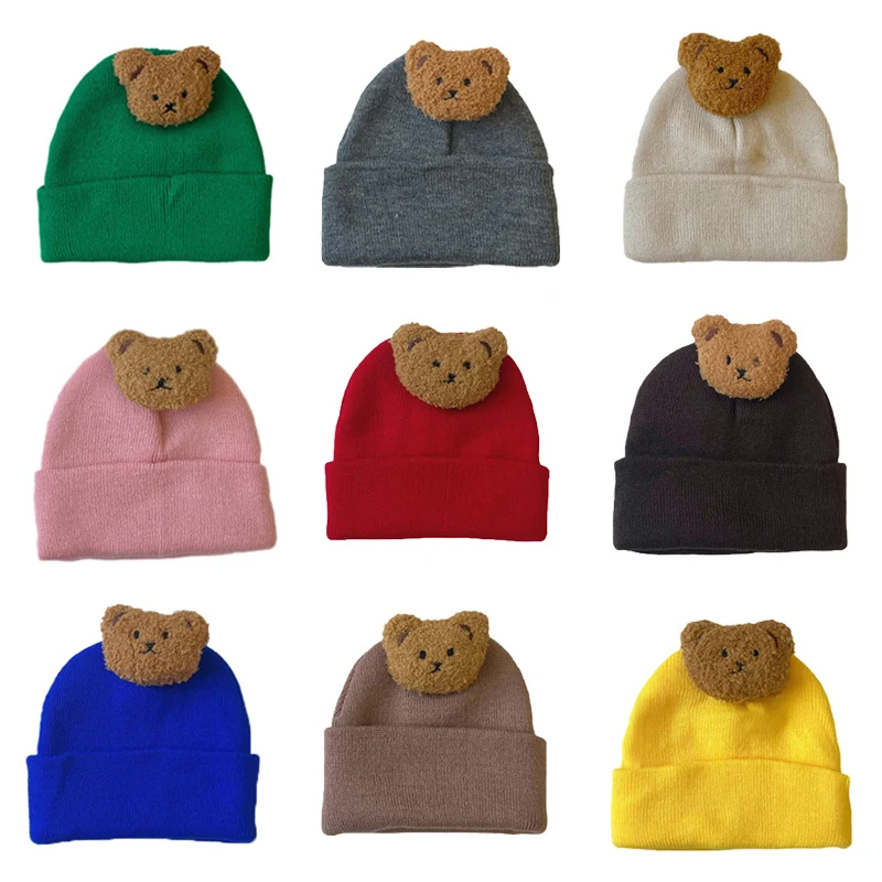 

Korean Winter Hat for Baby Girls Cartoon Bear Knitted Hats Candy Color Beanie Caps Infant Toddler Accessories Kids Cap