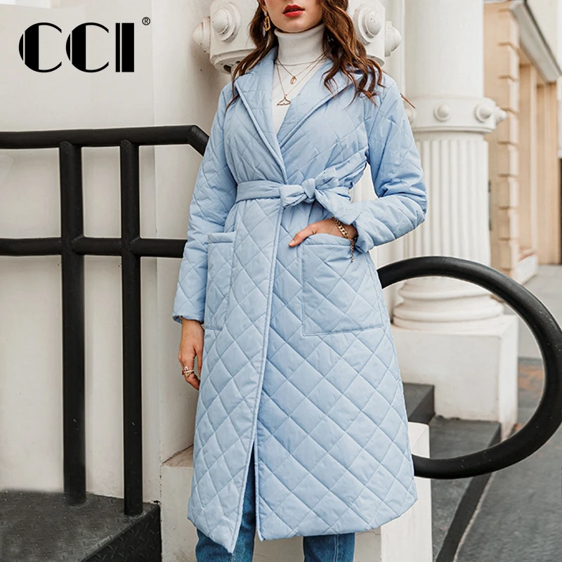 CCI Women Long Jacket Coat for Winter 2022  Beige Fashion Parka Green Quilted Warm  with Belt for  Female  Clothes YJ016C