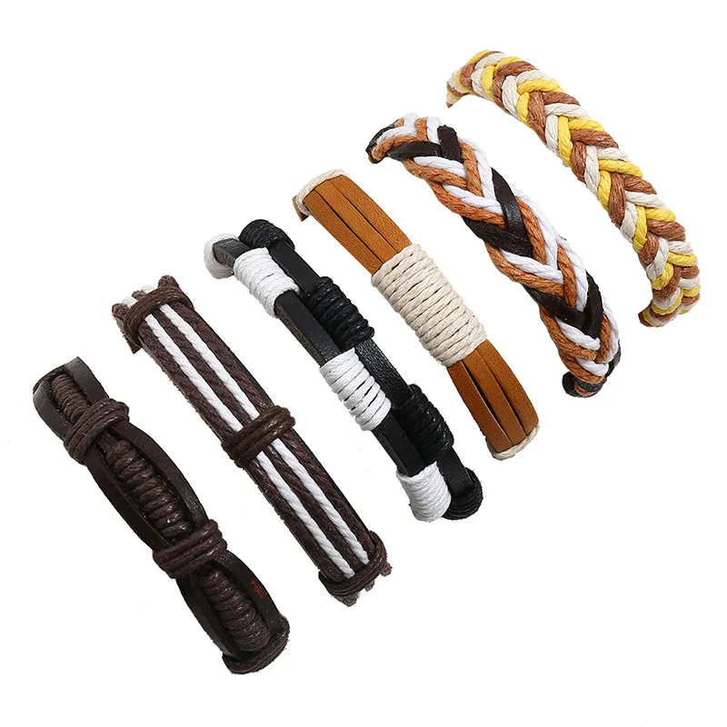 

6pcs/set Retro Handmade Weave Bracelet Multilayer Leather Bangles Unisex Jewelry Gift Mix Hemp Rope Wrap Bracelets Male Gift
