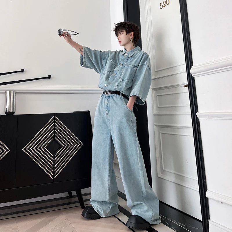 

Summer Washed Denim Jumpsuit Men Women Streetwear Hip Hop Loose Short Sleeve Wide Leg One Piece Jeans Set Overalls Romper KK2278