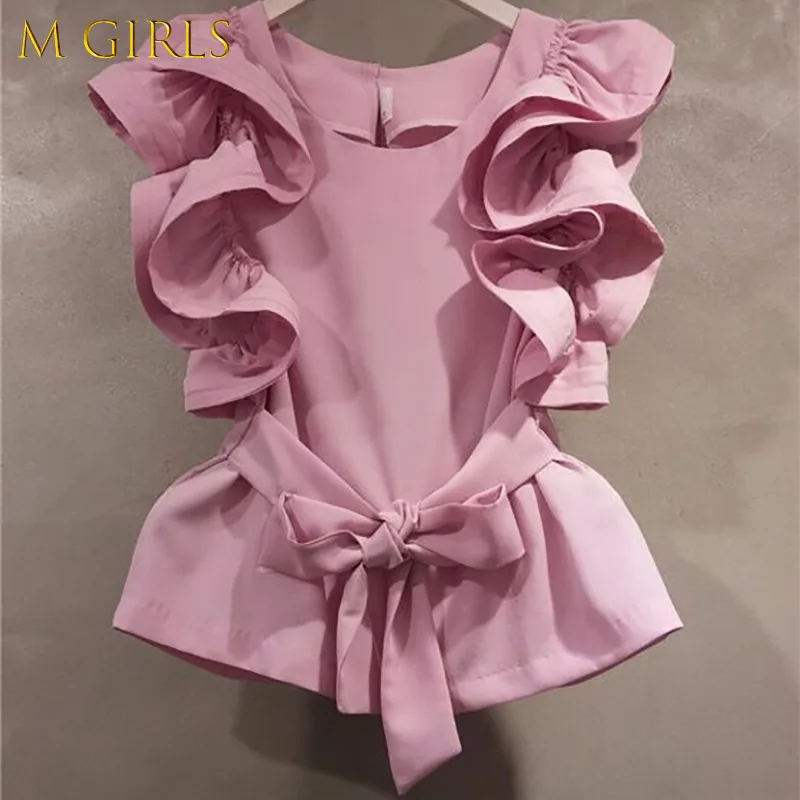 

M GIRLS Korean Fashion Butterfly Sleeve Blouses Woman Shirts New Waisted Lace Up Blusas Mujer Summer O-neck Woman Tops