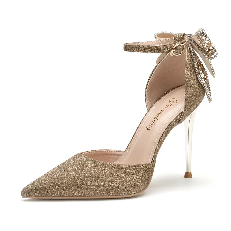 

Босоножки с бантом и кристаллами, на высоком каблуке, с острым носком, модная свадебная обувь, сандалии для невесты