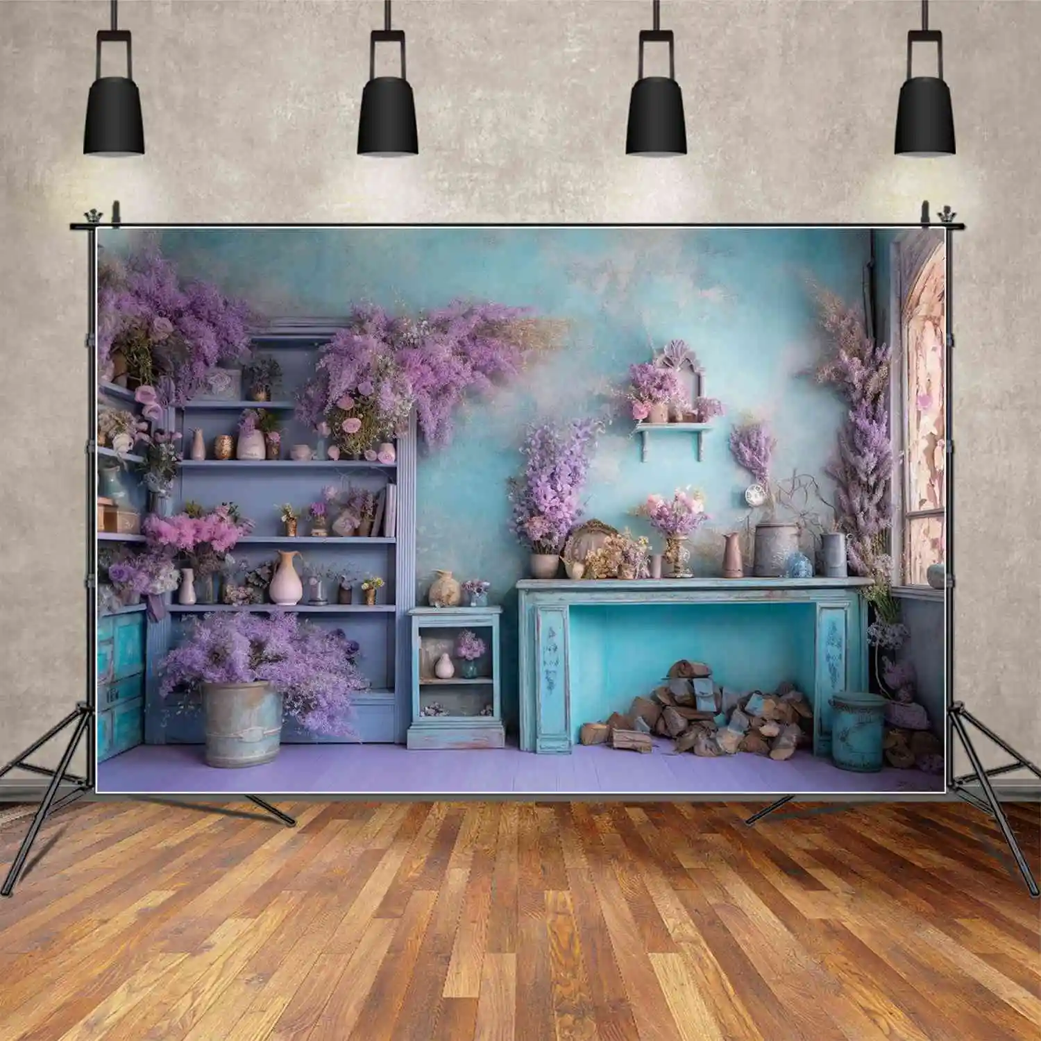 

MOON.QG Backdrop Purple Floral Flower Vintage Blue Living Room Birthday Photo Booth Background Children Party Props Photo Booth