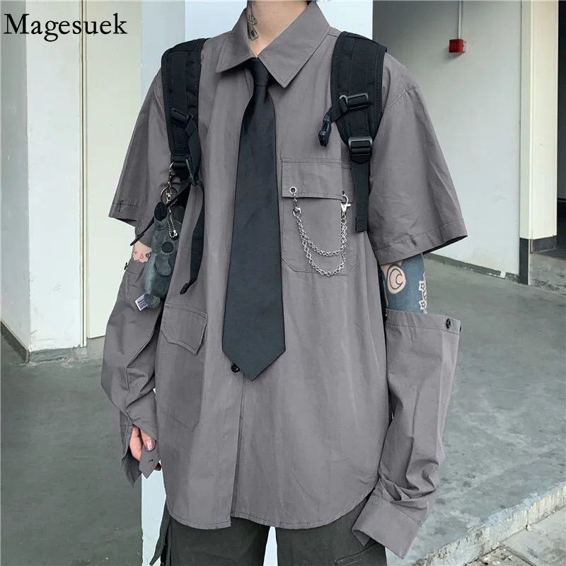 

Fashion Harajuku Style Women Loose Shirt with Tie Pocket with Chain Clothing Detachable Sleeve Shirt Solid Black Gray Tops 21916