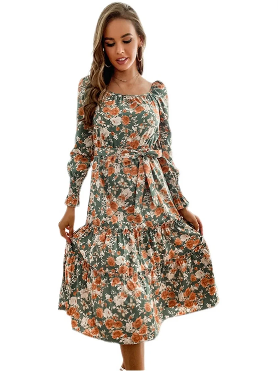 

Woman Spring Autumn Style Dress Lady Square Collar Long Sleeve Flower printed A-Line Mid-calf Dress SS4155