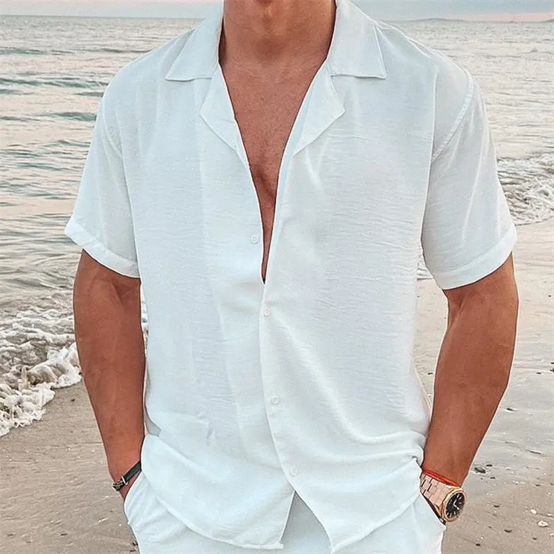 Men's Shirt Summer Fashion Solid Color Cardigan Loose Shirt Top Men's Casual Single-Breasted Turn-down Collar Short Sleeve Shirt