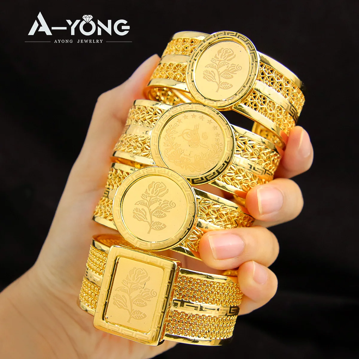 

African Luxury Cuff Bangles Set 21k Gold Plated Dubai Women Wedding Bracelet Set Hollow Out Turkish Coin Jewelry Bridal Parts