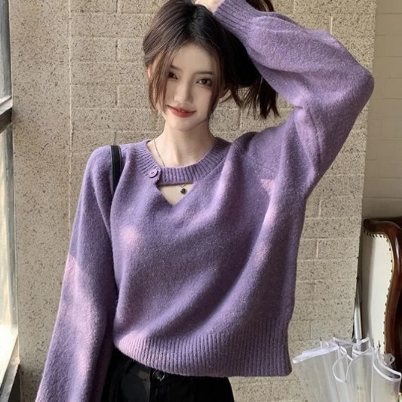 

Customized Hollow Out Design Long Sleeve Knitted Sweater Women Autumn/Winter Korean Short Loose Sweater Pullover Female Tops