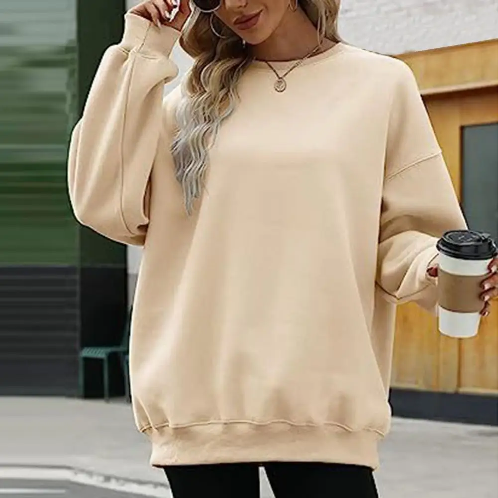 

Women's Sweatshirt Loose Round Neck Solid Color Long Sleeve Pullover Stretch Cuff Fall Winter Ladies Sweater Shirt