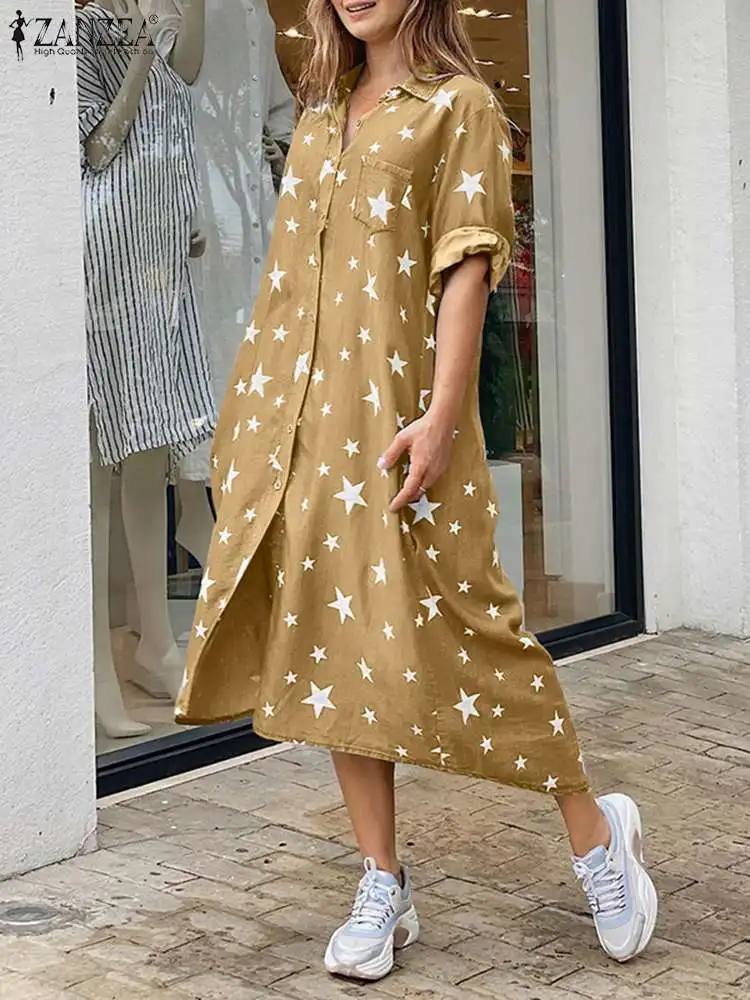 

Платье-рубашка ZANZEA женское оверсайз, Модный повседневный стильный сарафан средней длины с длинным рукавом Вечерние принтом, праздничное дл...