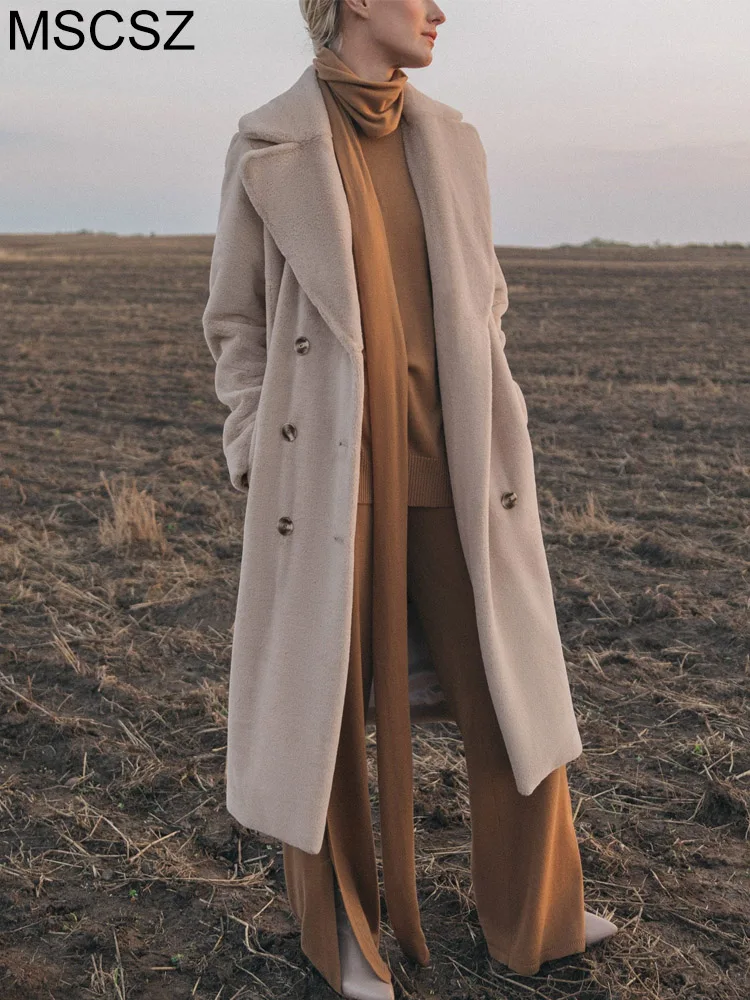 Long Faux Fur Coat Women Lapel Collar Double Breasted Oversized Winter Jacket Women 2022 Fashion Warm Parka Overcoat With Belt