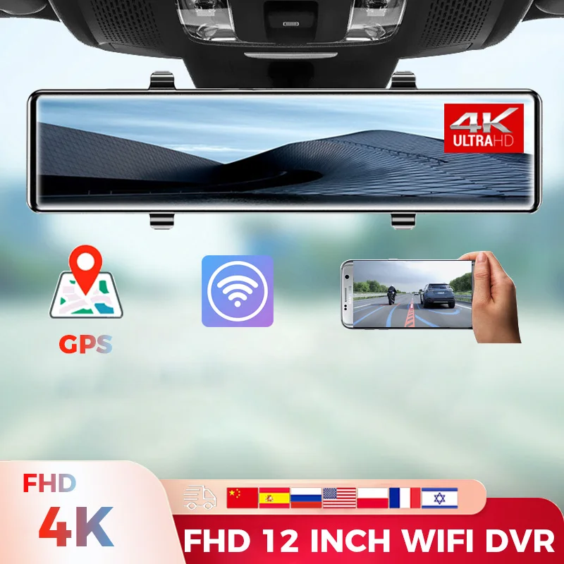 4K Video 12 Inch Car DVR Rear View Mirror Recorder Dash Cam WIFI GPS Track Sony IMX415 Ultra HD 3840*2160P Camera for Phone App