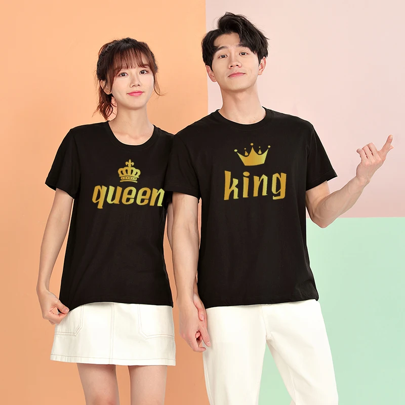

Парная футболка для влюбленных из 100% хлопка высокого качества, летняя одежда с принтом KING QUEEN, повседневные футболки с коротким рукавом, бре...