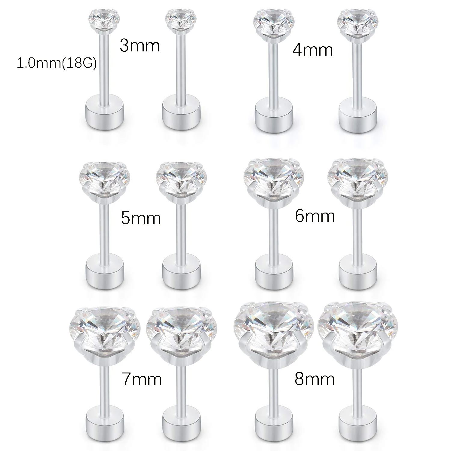 6 Пар Серег-гвоздиков Из Нержавеющей Стали 18 Г С Кубическим Цирконием Спиральные