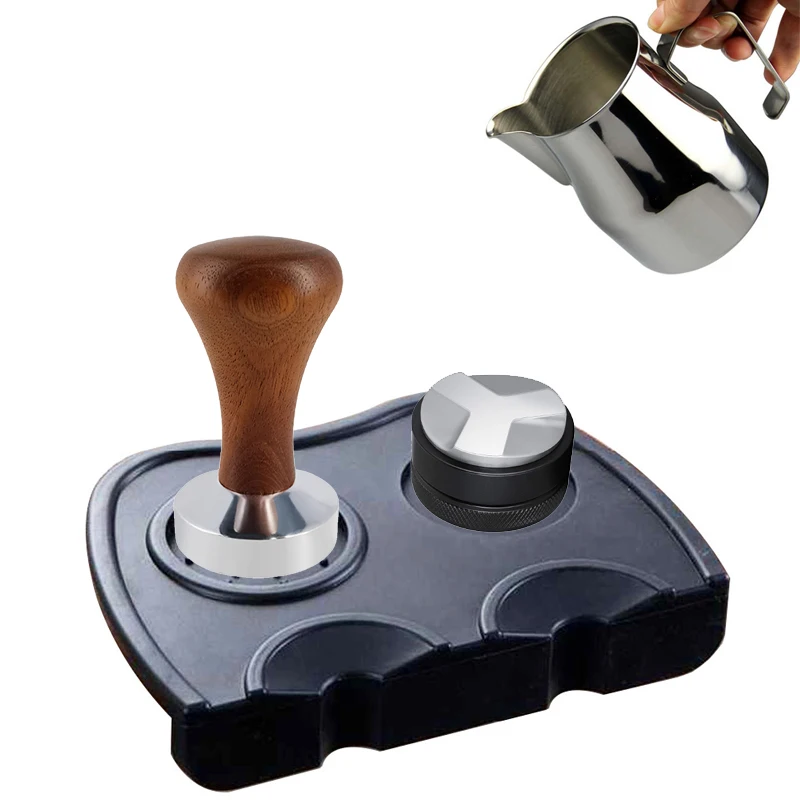 

Food Grade Coffee Powder Hammer 51mm 53mm 58mm Wooden Handle Bean Tampers Flat Rippler Tamper Mat With Milk Cup