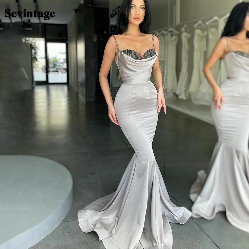 

Sevintage Mermaid Prom Dresses Sleeveless Sequined Sweetheart Evening Dress Spaghettic Straps Elengant Party Gown 2022