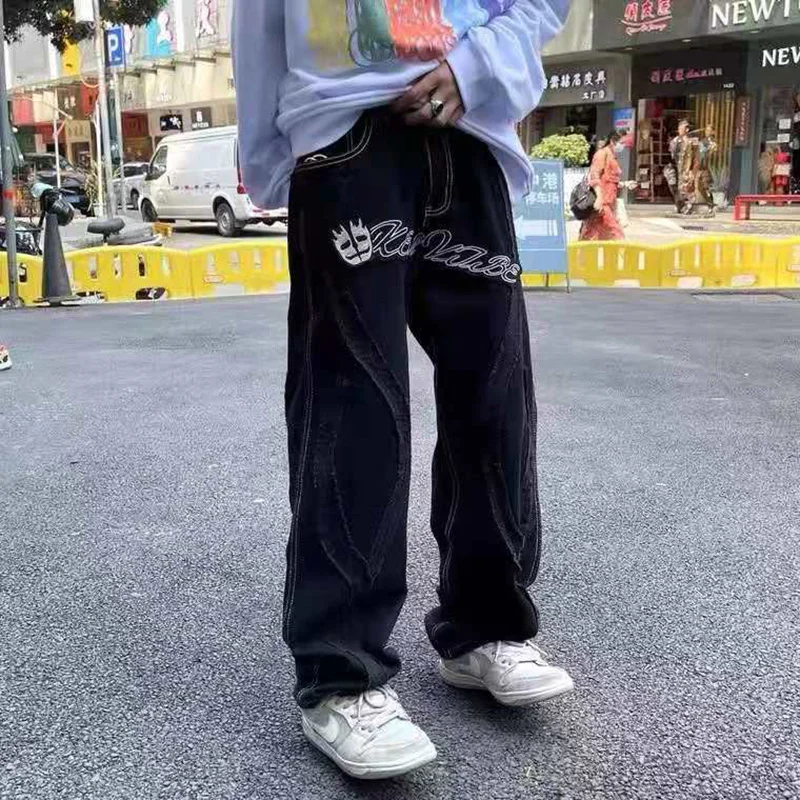 

High Street Jeans Men Vintage Striped Patchwork Skull Embroidery Jeans Casual Oversized Straight Denim Trousers Streetwear Male