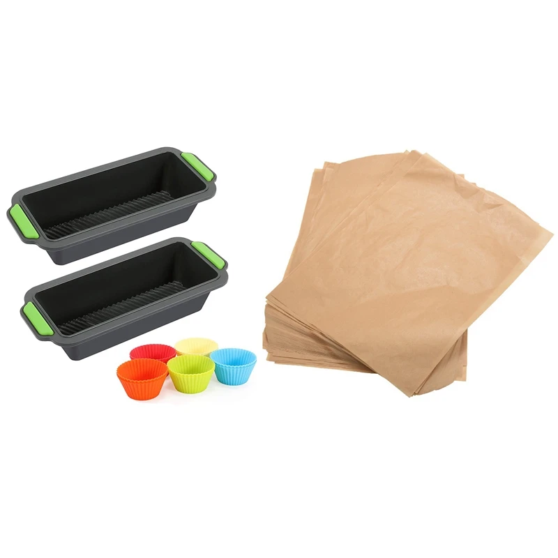 

200 Pcs Unbleached Parchment Paper Non-Stick 25X35cm Baking Sheets & 1 Set Slicone Bread Tins + Reusable Cupcake Molds