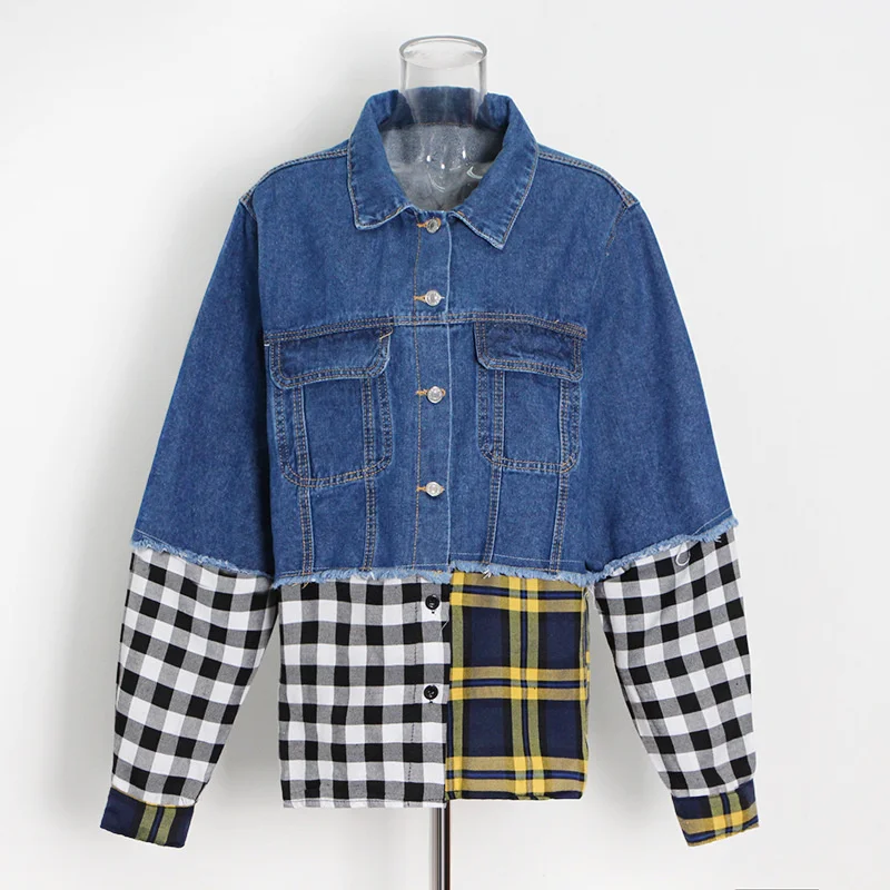 

Plaid Patchwork Tassel for Women Lapel Long Sleeve Color Block Denim Jacket Female Fashion New Clothes 2023