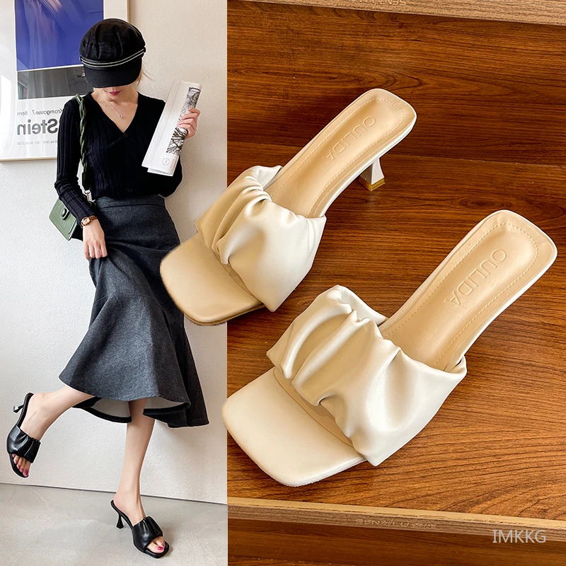 

Сандалии женские плиссированные на высоком каблуке 7 см, босоножки из искусственной кожи с квадратным носком, удобные тапочки, лето 2021