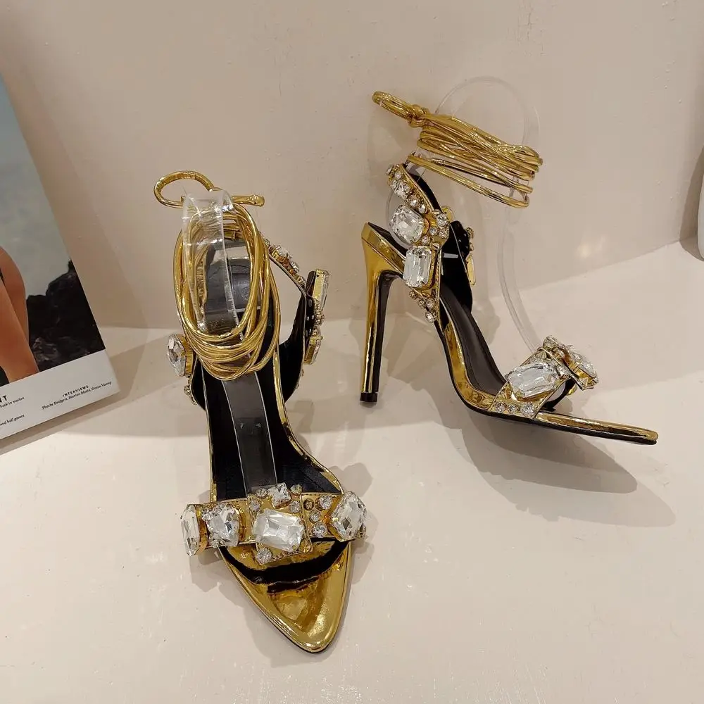 Xibeilove 2023 Summer Women's Sexy Luxury Pointed Rhinestone Strap Green Sandals Party Club High Heels Wedding Bridal Shoes