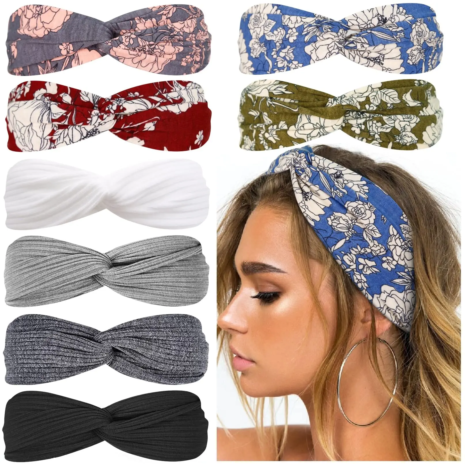 

8Pcs Boho Head Bands for Women's Hair Non Slip Twist Hair Bands for Short Hair Fashion Summer Hair Accessories, Solid Color