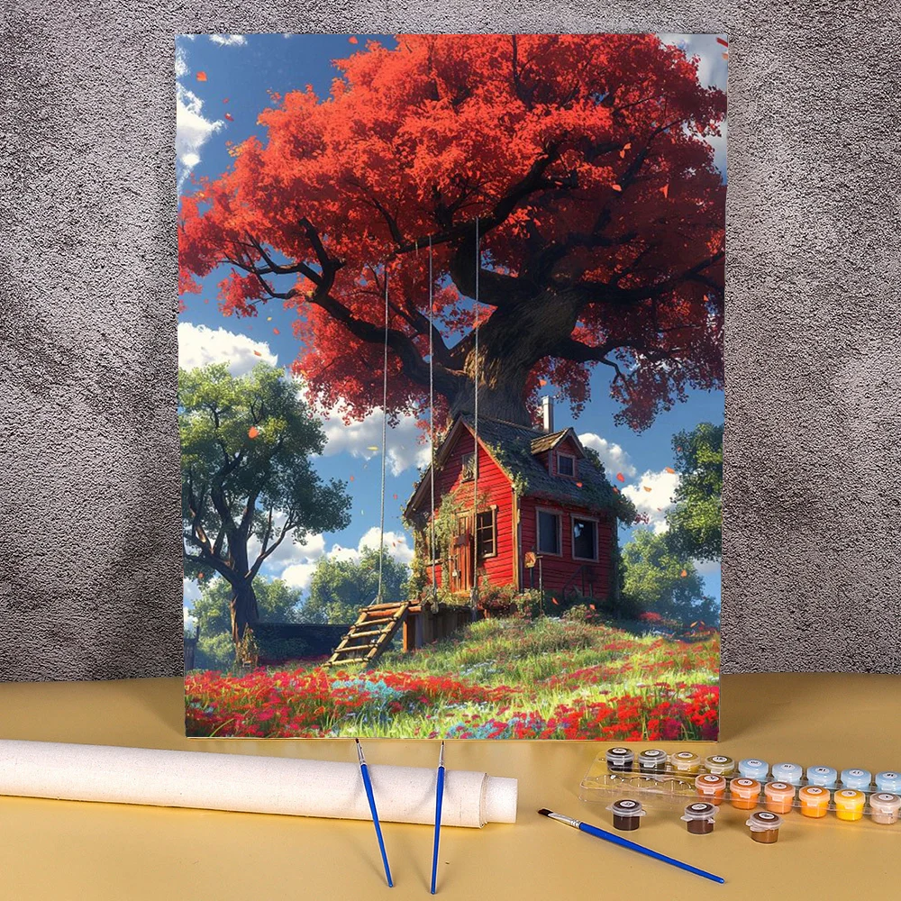 DIY картина по номерам дерево дом пейзаж краска холст рисунок домашний декор 50x70